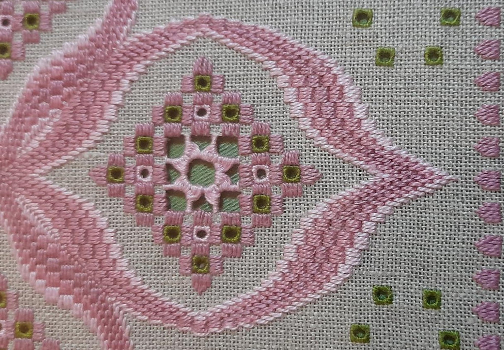 Dusky Pink & Green Bargello Spring with Hardanger Elements — Embroidery Chart PDF Download