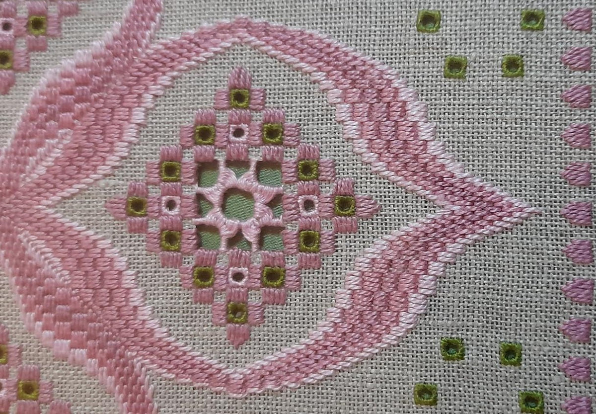 Dusky Pink & Green Bargello Spring with Hardanger Elements — Embroidery Chart PDF Download