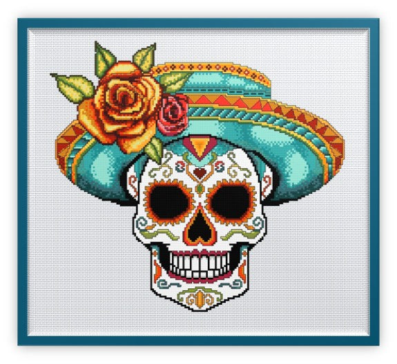 Sassy Sombrero Hat Sugar/Day of the Dead Skull Cross Stitch Chart — PDF Download