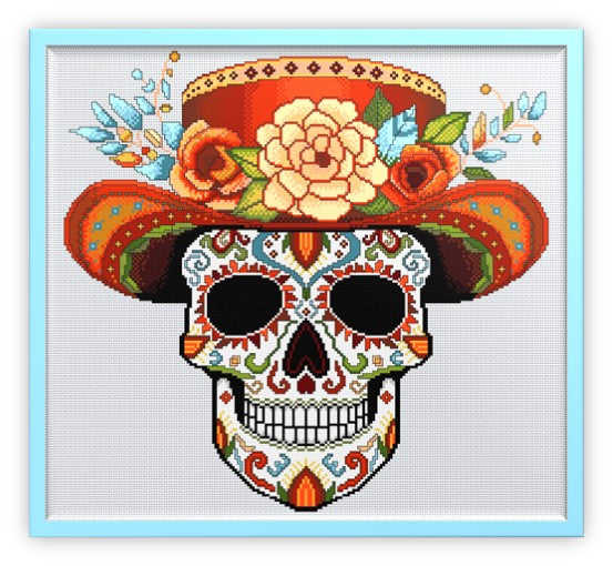 Orange Hat Sugar/Day of the Dead Skull Cross Stitch Chart — PDF Download