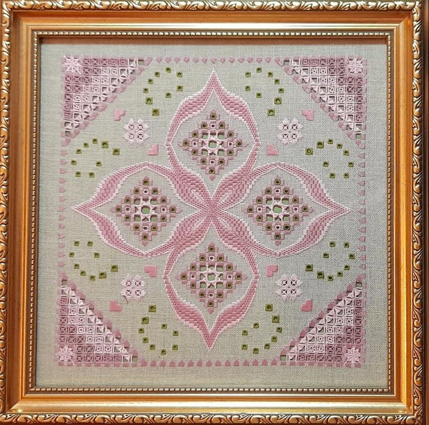 Dusky Pink & Green Bargello Spring with Hardanger Elements — Embroidery Chart PDF Download