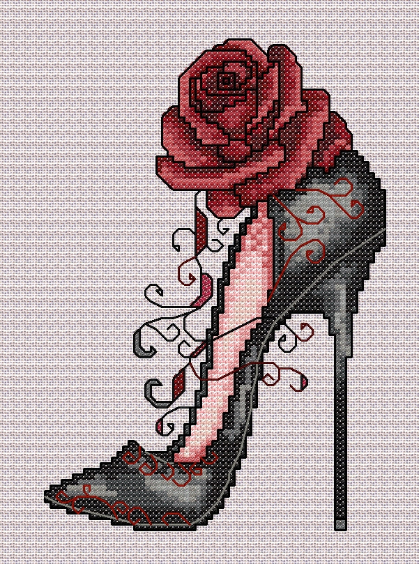 Vixen Gothic High Heel Shoe Cross Stitch Chart — Black & Red Rose PDF Pattern Download