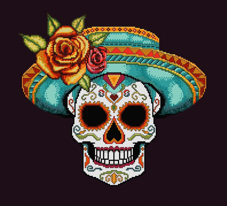 Sassy Sombrero Hat Sugar/Day of the Dead Skull Cross Stitch Chart — PDF Download