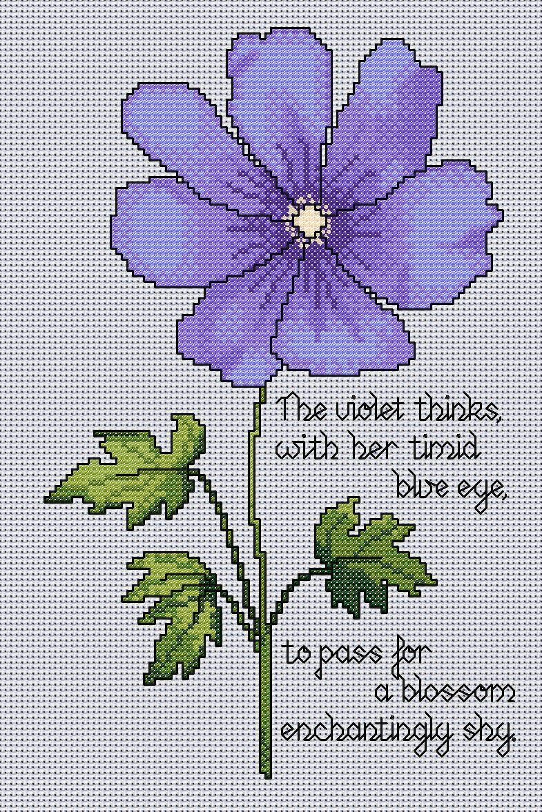Violet Cross Stitch Chart with Verse — Botanical Floral PDF Pattern Download
