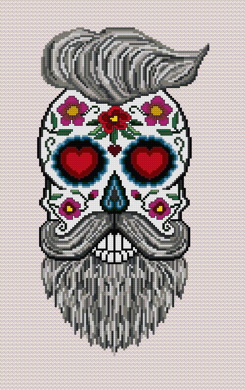 Hairy Hipster Sugar/Day of the Dead Skull Cross Stitch Chart — PDF Download