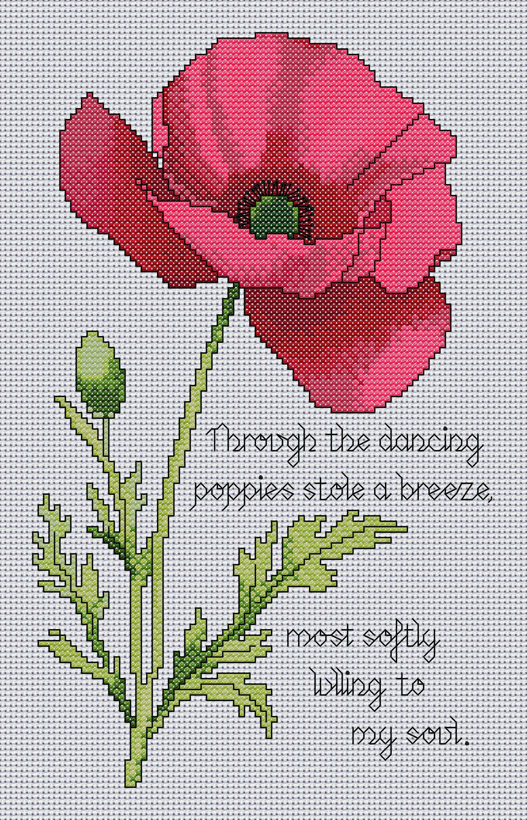 Poppy Cross Stitch Chart with Verse — Botanical Floral PDF Pattern Download