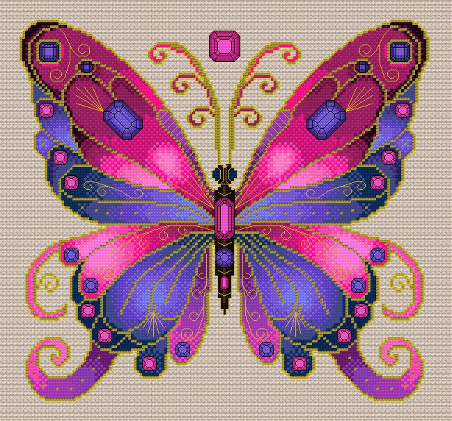 Rose Quartz & Tanzanite Jewelled Fantasy Butterfly Cross Stitch Chart — PDF Pattern Download