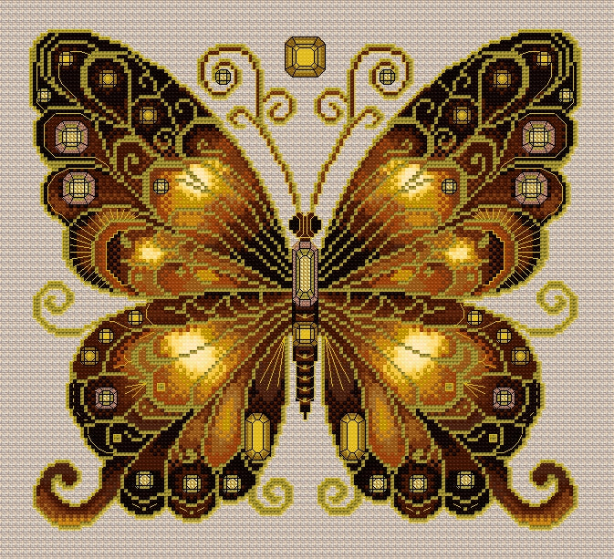 Smokey Quartz & Citrine Jewelled Fantasy Butterfly Cross Stitch Chart — PDF Pattern Download