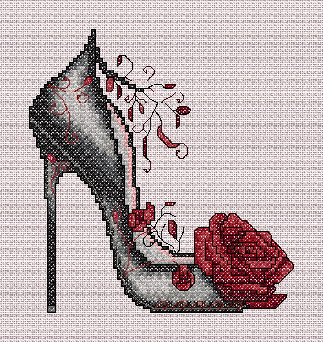 Siren Gothic High Heel Shoe Cross Stitch Chart — Black & Red Rose PDF Pattern Download