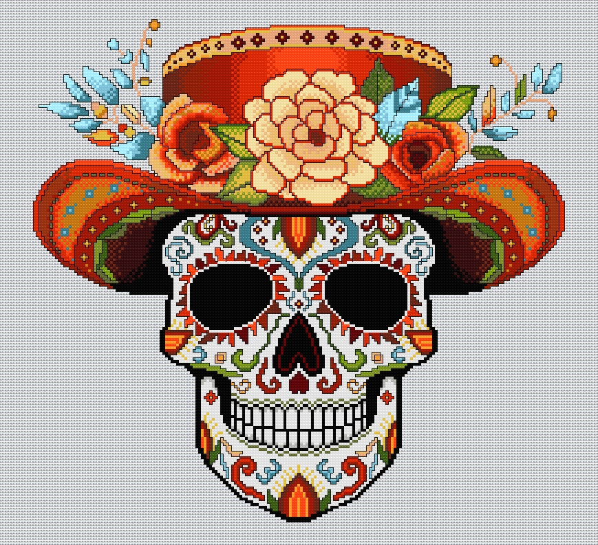 Orange Hat Sugar/Day of the Dead Skull Cross Stitch Chart — PDF Download