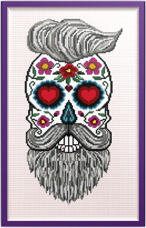Hairy Hipster Sugar/Day of the Dead Skull Cross Stitch Chart — PDF Download