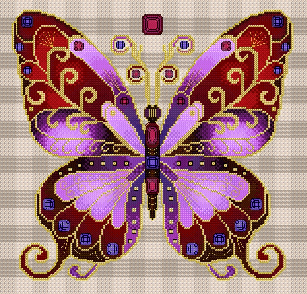 Ruby & Amethyst Jewelled Fantasy Butterfly Cross Stitch Chart — PDF Pattern Download