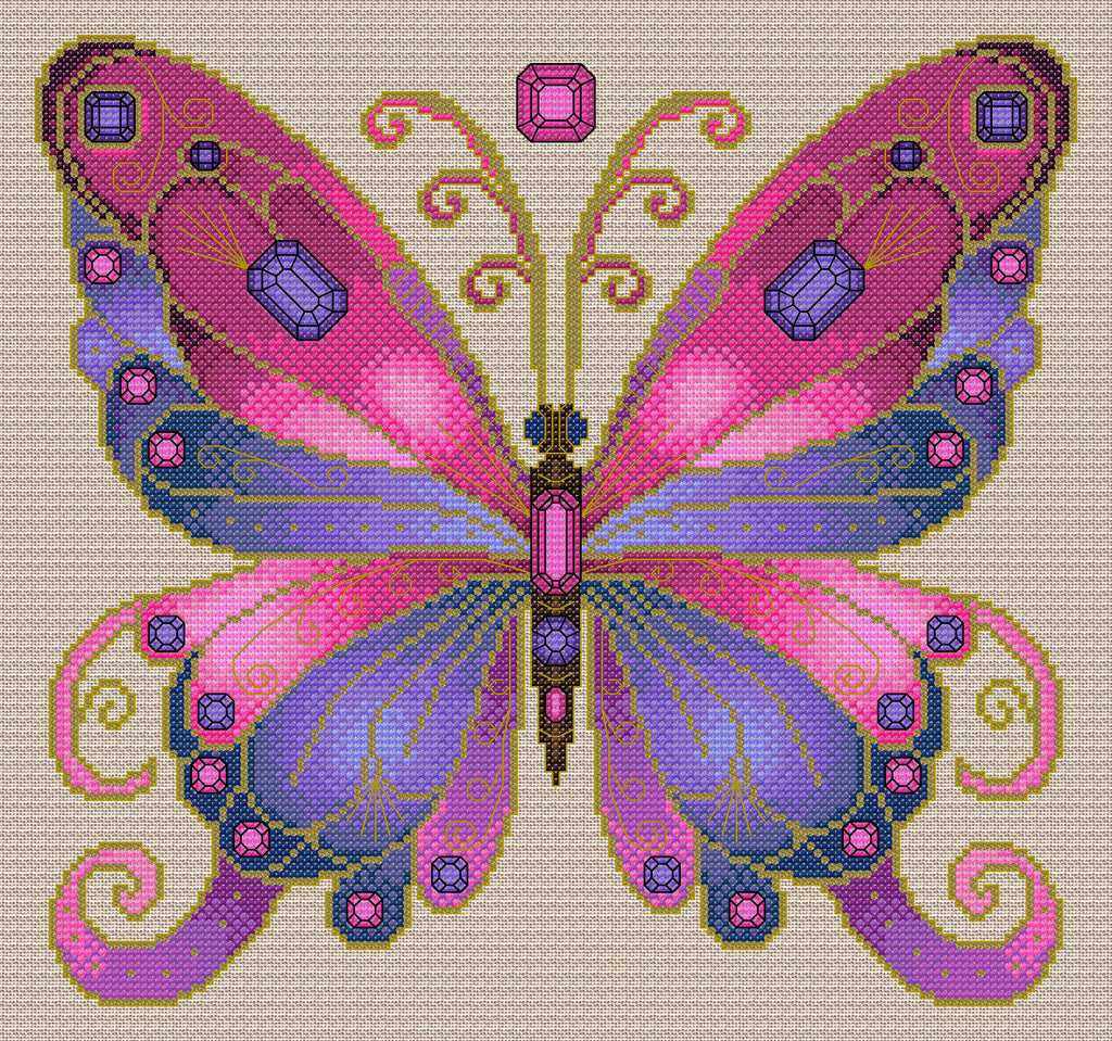 Rose Quartz & Tanzanite Jewelled Fantasy Butterfly Cross Stitch Chart — PDF Pattern Download