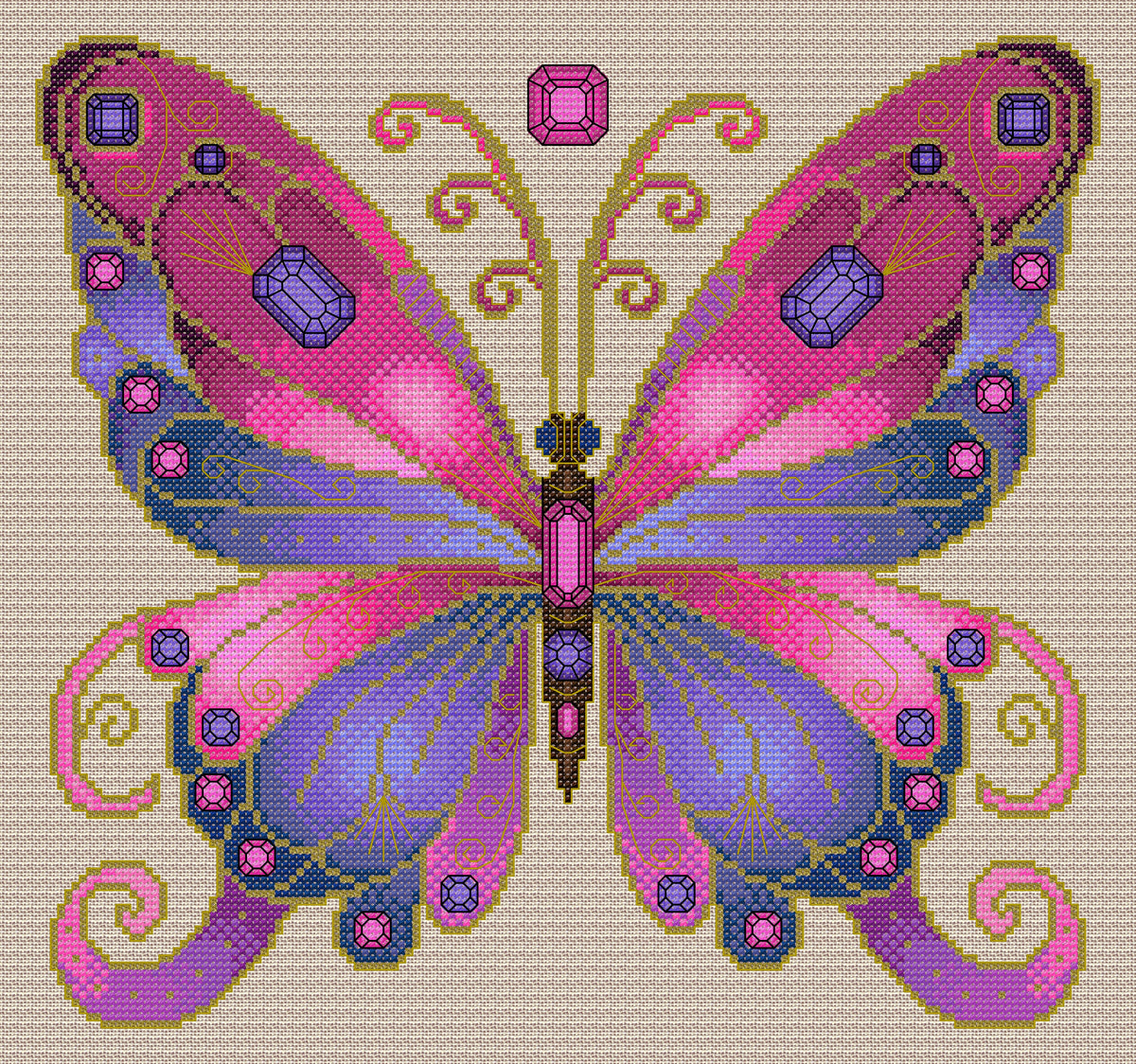 Rose Quartz & Tanzanite Jewelled Fantasy Butterfly Cross Stitch Chart — PDF Pattern Download