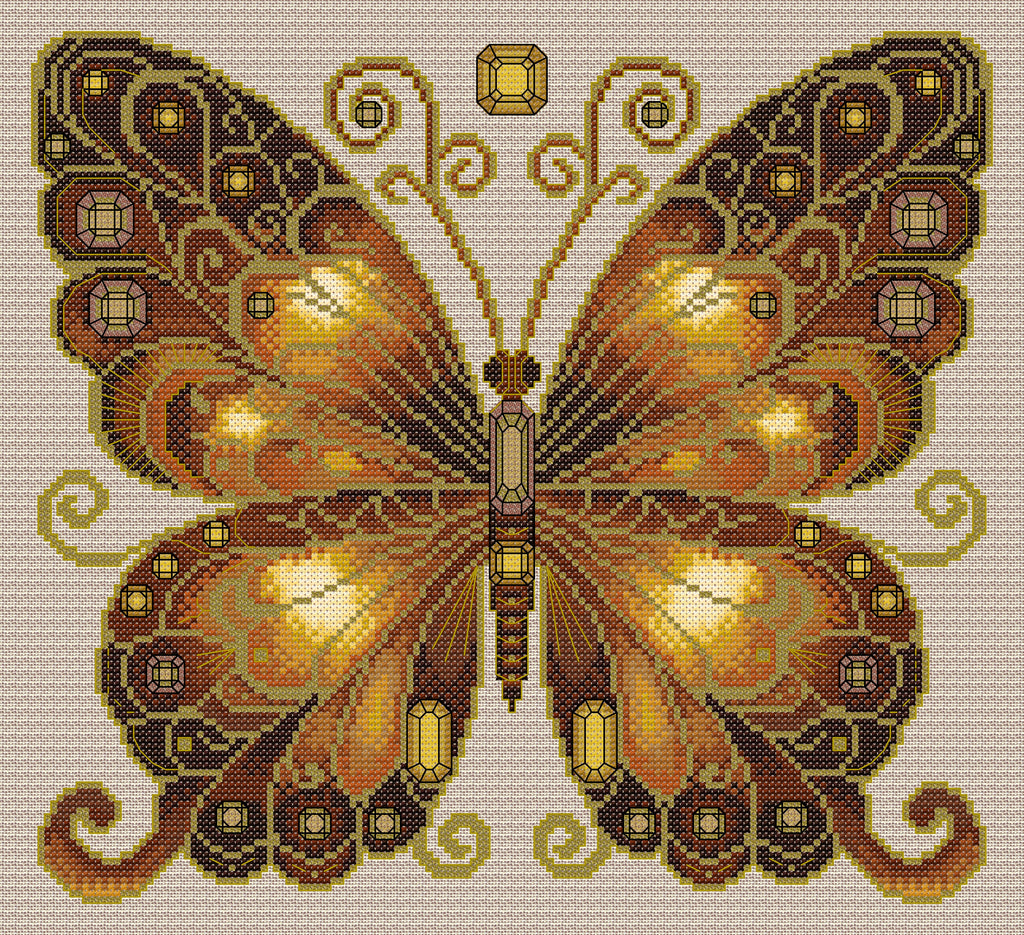 Smokey Quartz & Citrine Jewelled Fantasy Butterfly Cross Stitch Chart — PDF Pattern Download