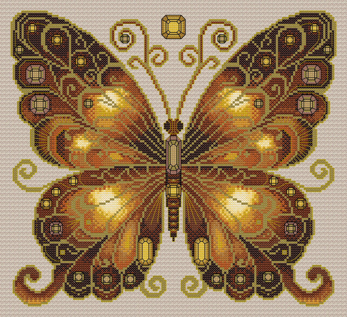 Smokey Quartz & Citrine Jewelled Fantasy Butterfly Cross Stitch Chart — PDF Pattern Download
