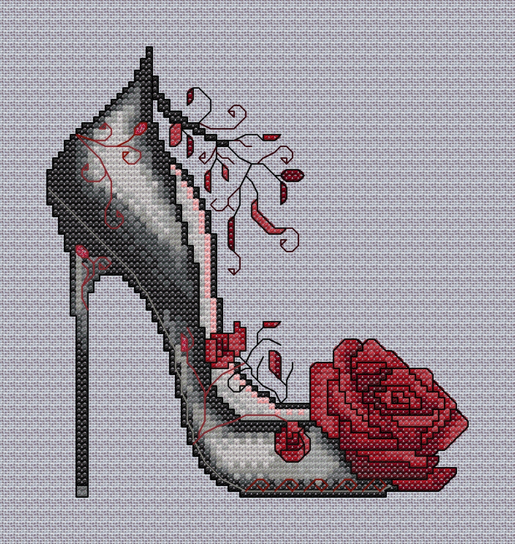 Siren Gothic High Heel Shoe Cross Stitch Chart — Black & Red Rose PDF Pattern Download