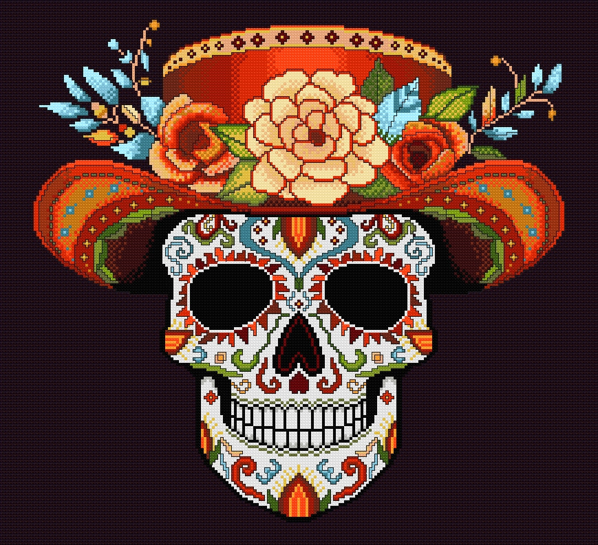 Orange Hat Sugar/Day of the Dead Skull Cross Stitch Chart — PDF Download