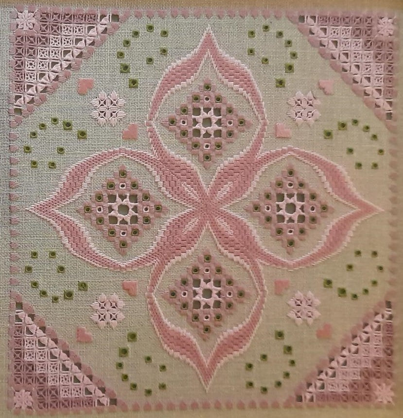 Dusky Pink & Green Bargello Spring with Hardanger Elements — Embroidery Chart PDF Download