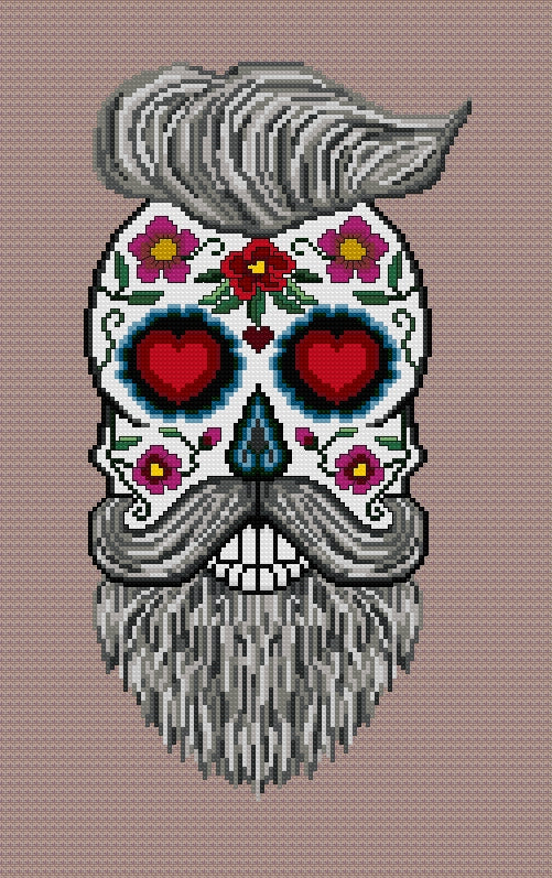 Hairy Hipster Sugar/Day of the Dead Skull Cross Stitch Chart — PDF Download