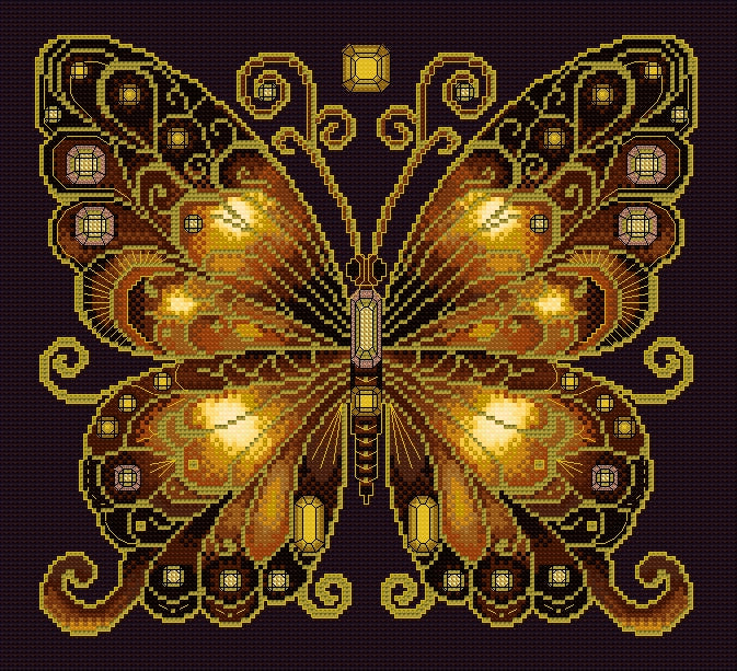 Smokey Quartz & Citrine Jewelled Fantasy Butterfly Cross Stitch Chart — PDF Pattern Download