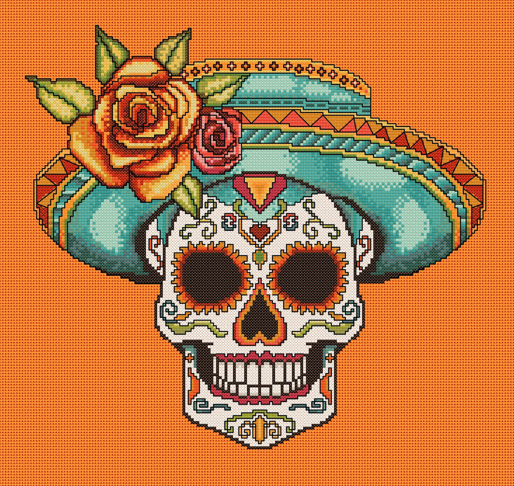 Sassy Sombrero Hat Sugar/Day of the Dead Skull Cross Stitch Chart — PDF Download