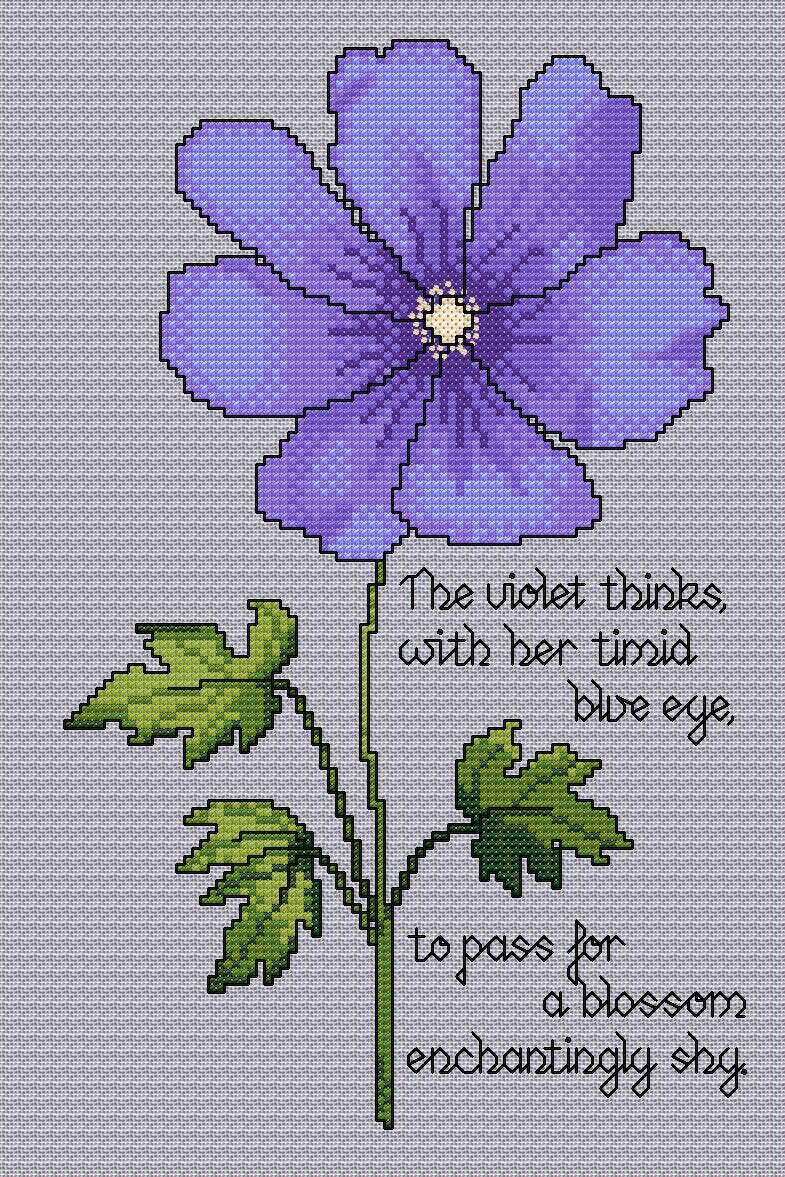 Violet Cross Stitch Chart with Verse — Botanical Floral PDF Pattern Download