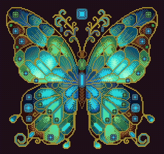Aquamarine & Emerald Jewelled Fantasy Butterfly Cross Stitch Chart — PDF Pattern Download
