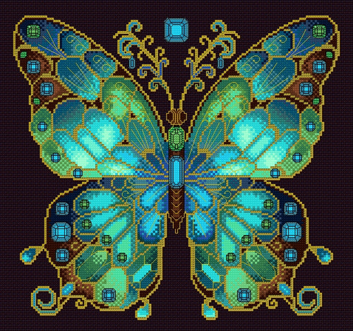 Aquamarine & Emerald Jewelled Fantasy Butterfly Cross Stitch Chart — PDF Pattern Download