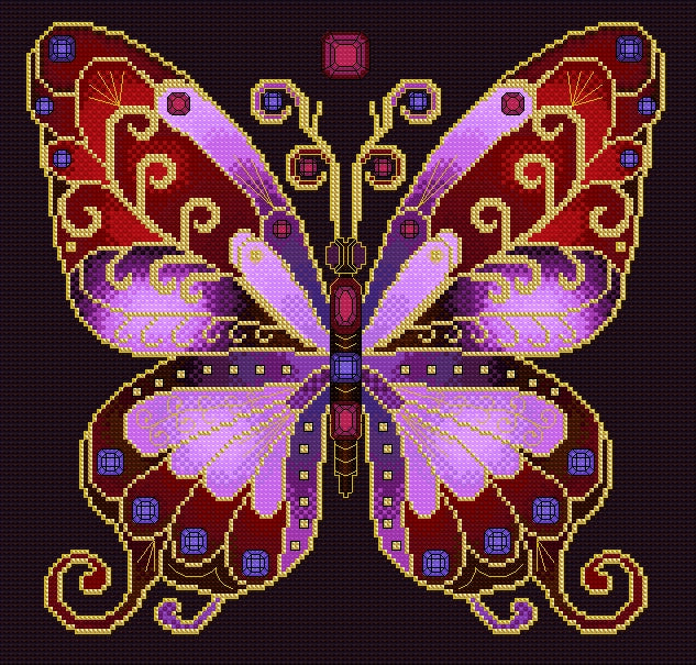 Ruby & Amethyst Jewelled Fantasy Butterfly Cross Stitch Chart — PDF Pattern Download