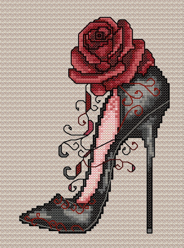 Vixen Gothic High Heel Shoe Cross Stitch Chart — Black & Red Rose PDF Pattern Download