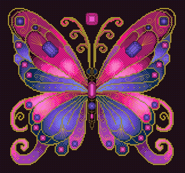 Rose Quartz & Tanzanite Jewelled Fantasy Butterfly Cross Stitch Chart — PDF Pattern Download
