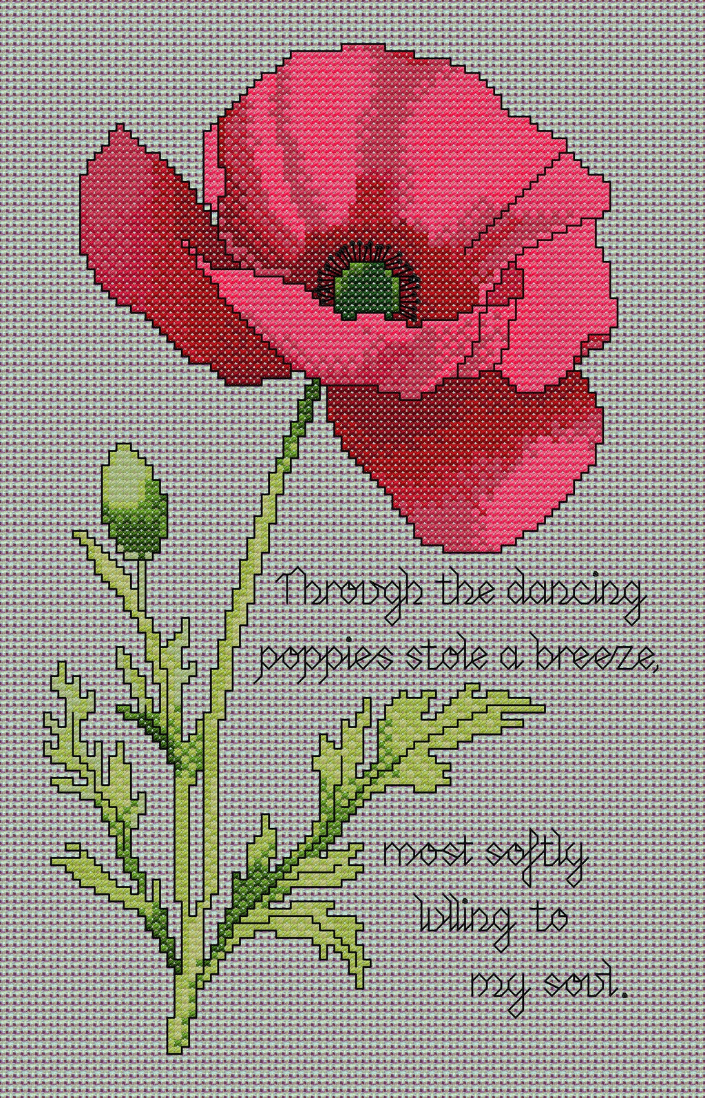 Poppy Cross Stitch Chart with Verse — Botanical Floral PDF Pattern Download