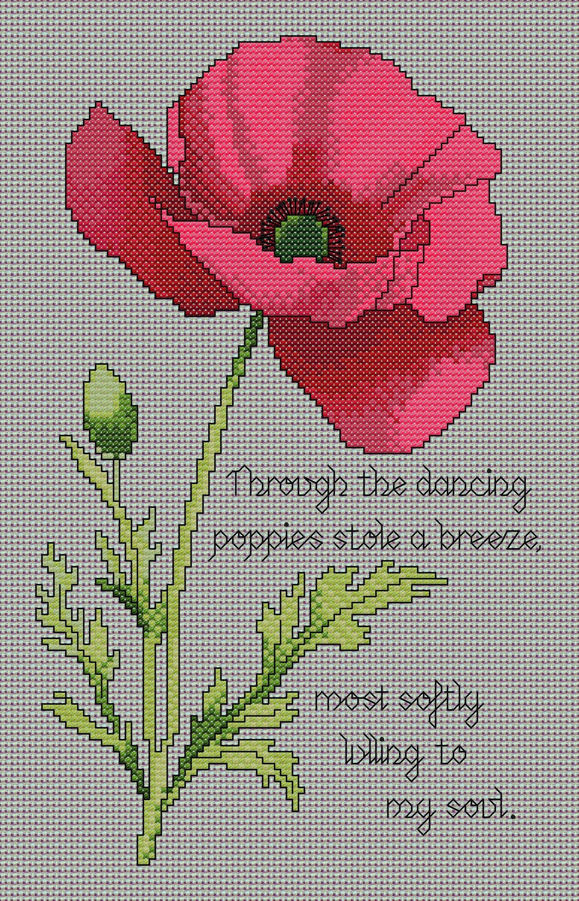 Poppy Cross Stitch Chart with Verse — Botanical Floral PDF Pattern Download