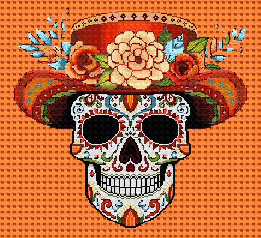 Orange Hat Sugar/Day of the Dead Skull Cross Stitch Chart — PDF Download