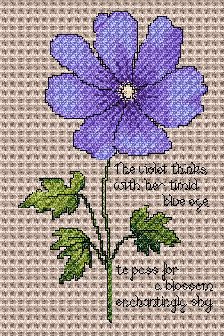 Violet Cross Stitch Chart with Verse — Botanical Floral PDF Pattern Download