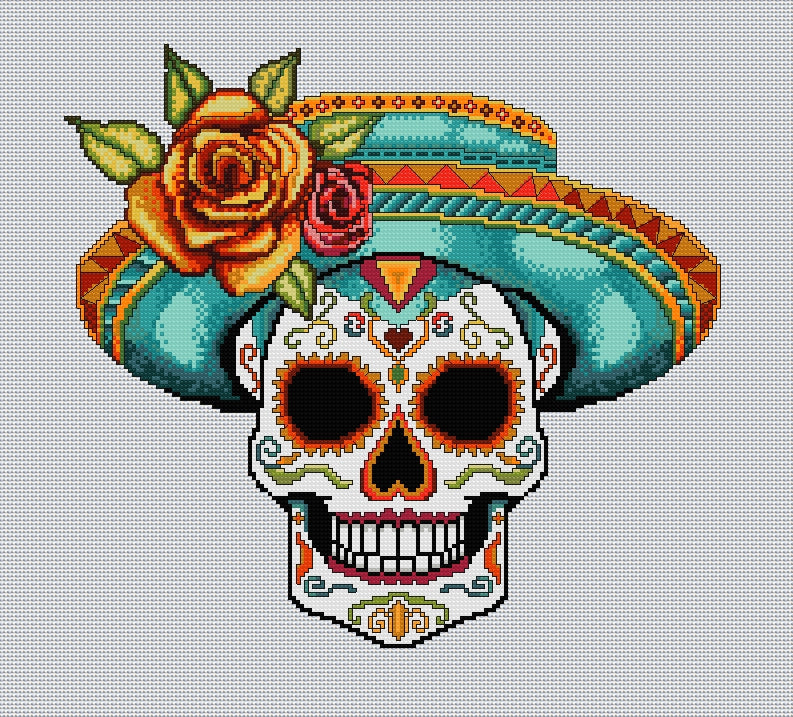 Sassy Sombrero Hat Sugar/Day of the Dead Skull Cross Stitch Chart — PDF Download