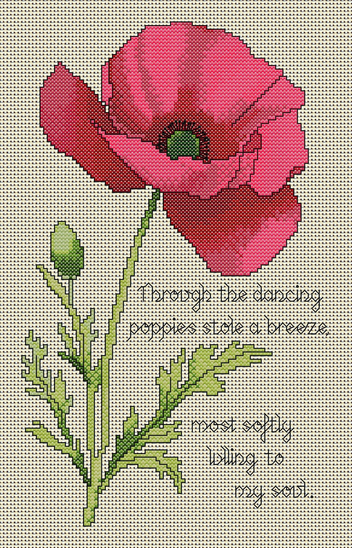 Poppy Cross Stitch Chart with Verse — Botanical Floral PDF Pattern Download