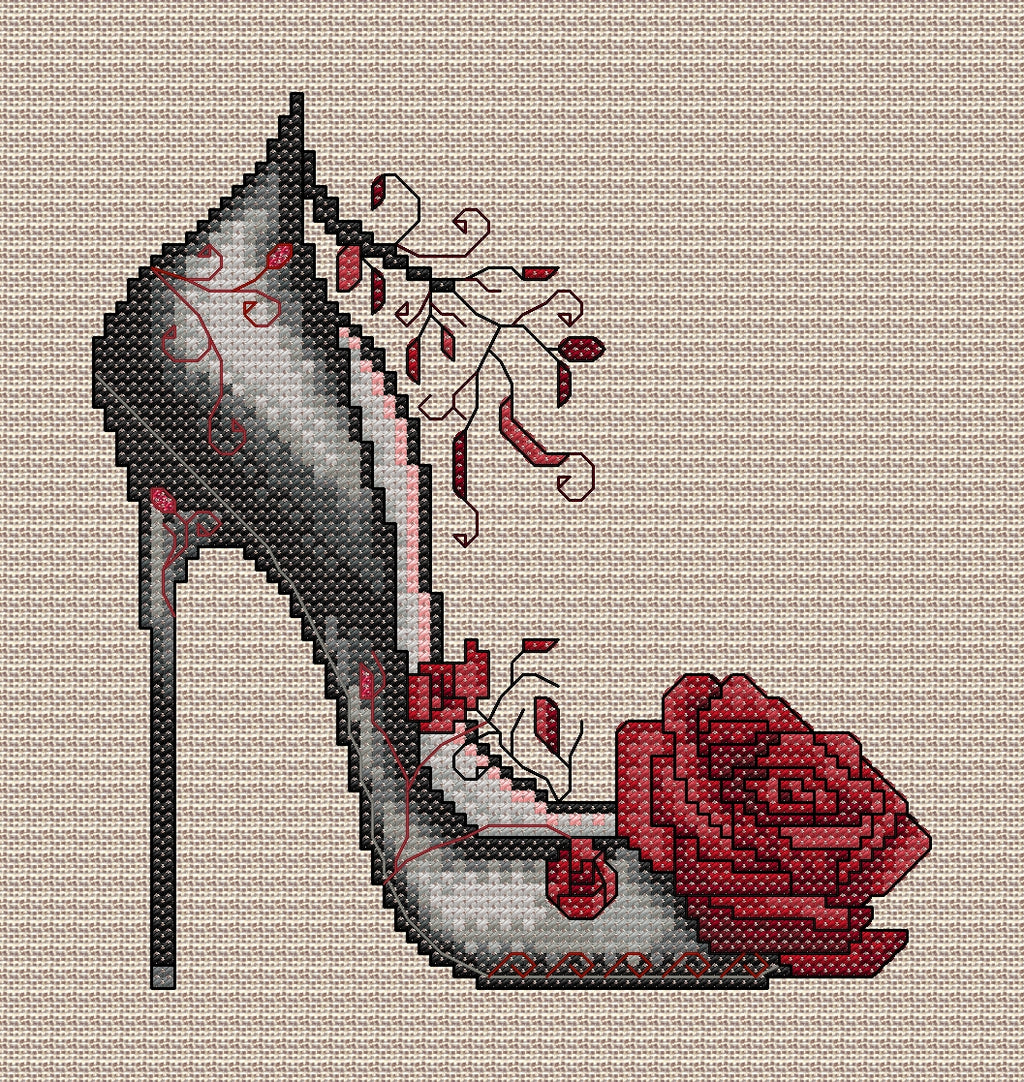 Siren Gothic High Heel Shoe Cross Stitch Chart — Black & Red Rose PDF Pattern Download