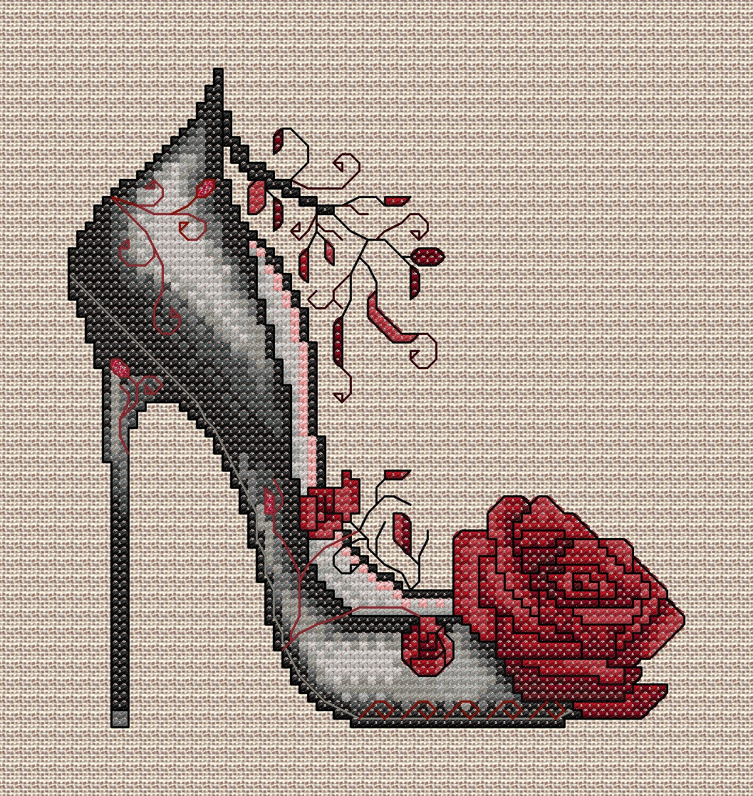 Siren Gothic High Heel Shoe Cross Stitch Chart — Black & Red Rose PDF Pattern Download