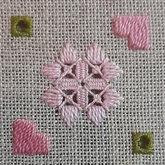 Dusky Pink & Green Bargello Spring with Hardanger Elements — Embroidery Chart PDF Download