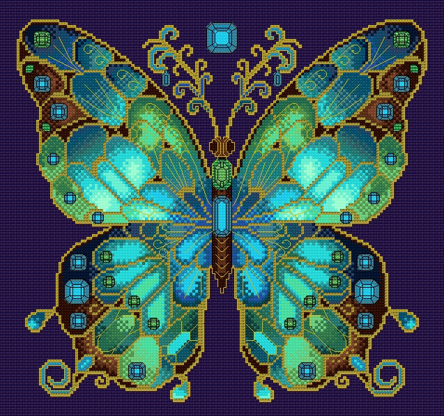 Aquamarine & Emerald Jewelled Fantasy Butterfly Cross Stitch Chart — PDF Pattern Download