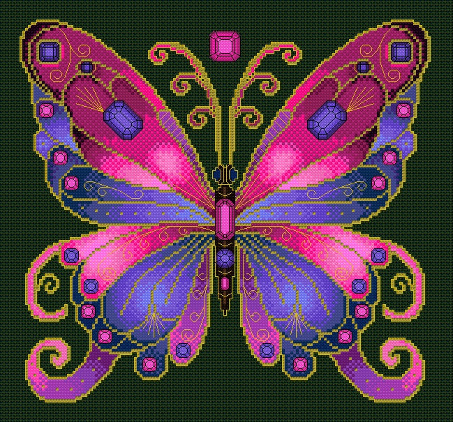 Rose Quartz & Tanzanite Jewelled Fantasy Butterfly Cross Stitch Chart — PDF Pattern Download