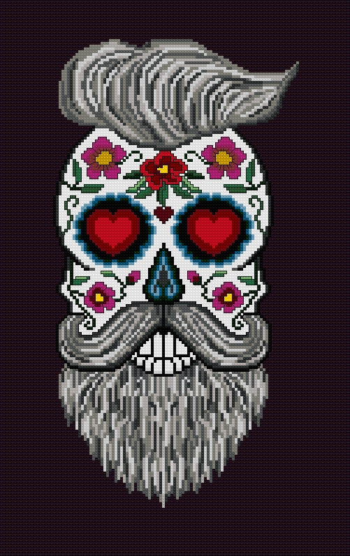 Hairy Hipster Sugar/Day of the Dead Skull Cross Stitch Chart — PDF Download