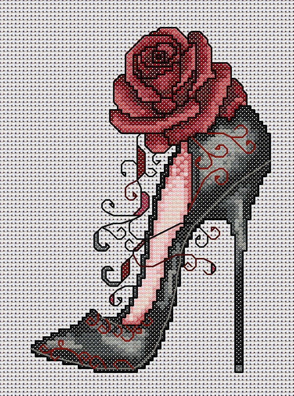 Vixen Gothic High Heel Shoe Cross Stitch Chart — Black & Red Rose PDF Pattern Download