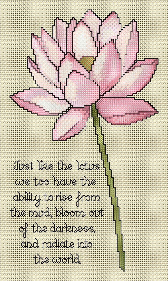 Lotus Flower Cross Stitch Chart with Verse — Botanical Floral PDF Pattern Download