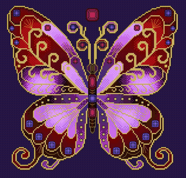 Ruby & Amethyst Jewelled Fantasy Butterfly Cross Stitch Chart — PDF Pattern Download
