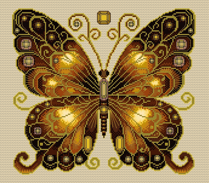 Smokey Quartz & Citrine Jewelled Fantasy Butterfly Cross Stitch Chart — PDF Pattern Download