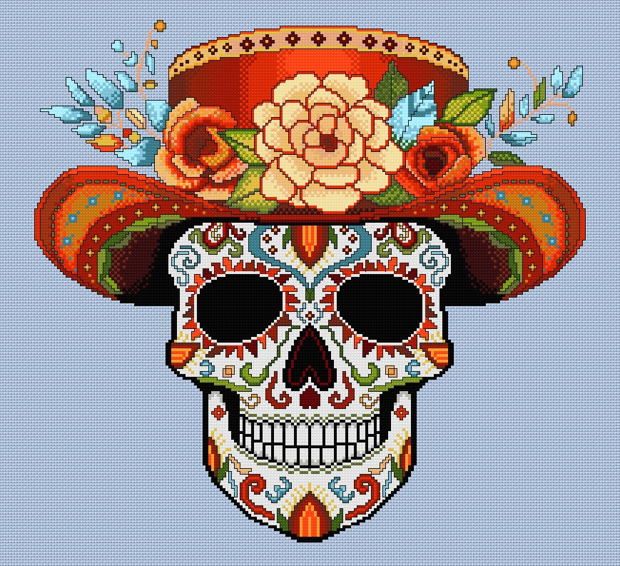 Orange Hat Sugar/Day of the Dead Skull Cross Stitch Chart — PDF Download