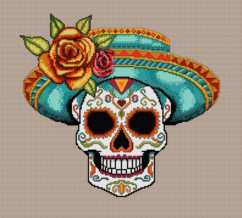 Sassy Sombrero Hat Sugar/Day of the Dead Skull Cross Stitch Chart — PDF Download